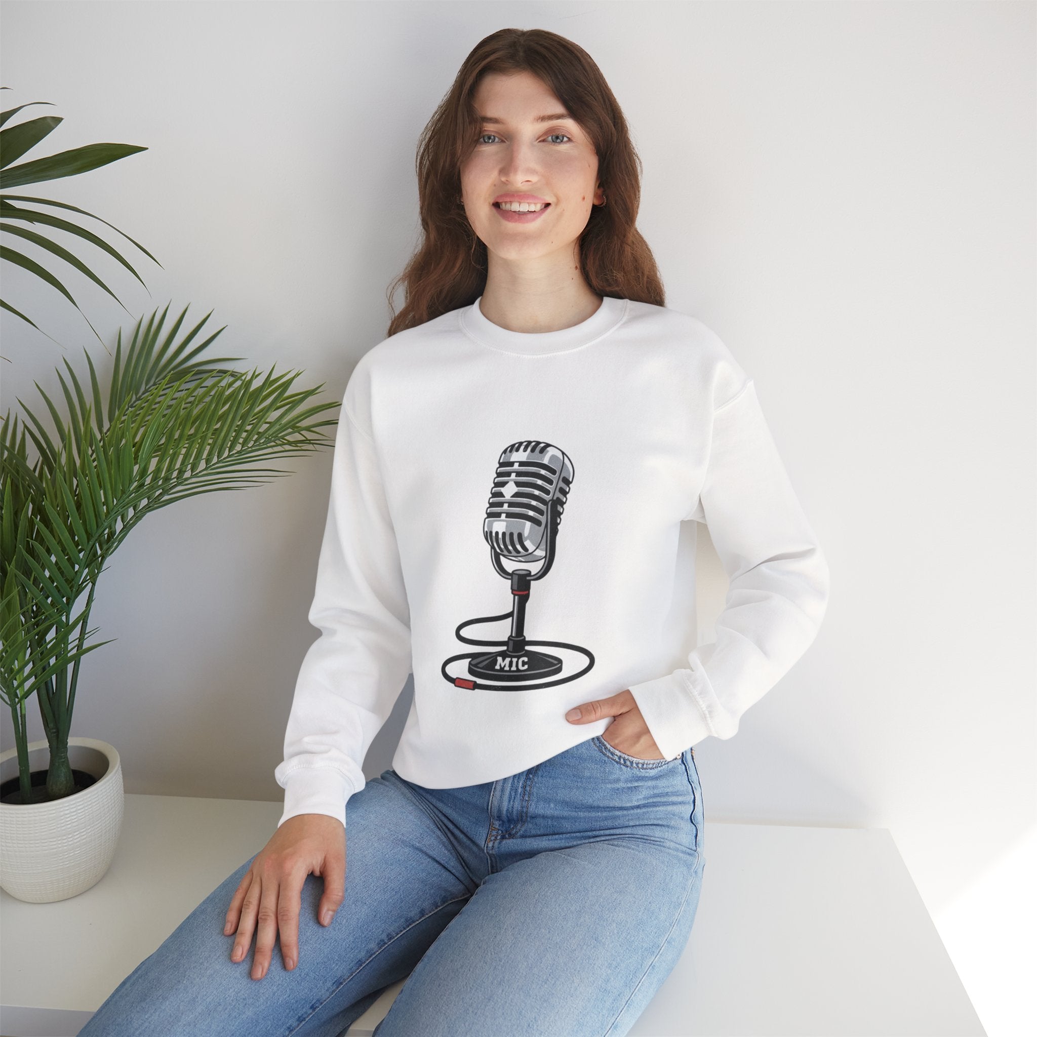 Vintage Microphone Sweatshirt — Retro Radio Mic Crewneck for Musicians & Podcasters