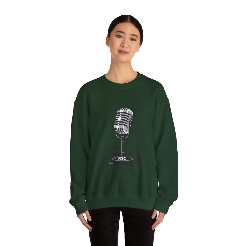 Vintage Microphone Sweatshirt — Retro Radio Mic Crewneck for Musicians & Podcasters