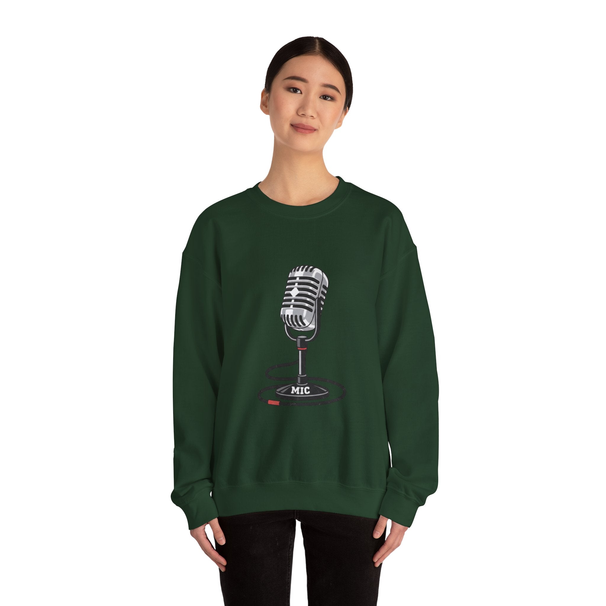 Vintage Microphone Sweatshirt — Retro Radio Mic Crewneck for Musicians & Podcasters