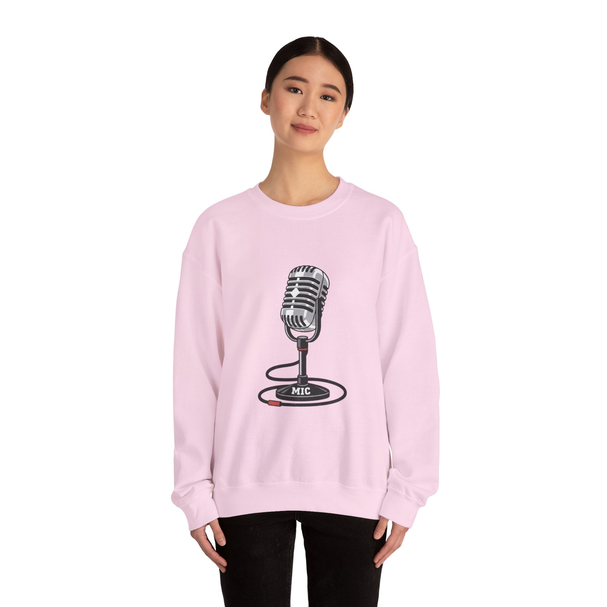 Vintage Microphone Sweatshirt — Retro Radio Mic Crewneck for Musicians & Podcasters