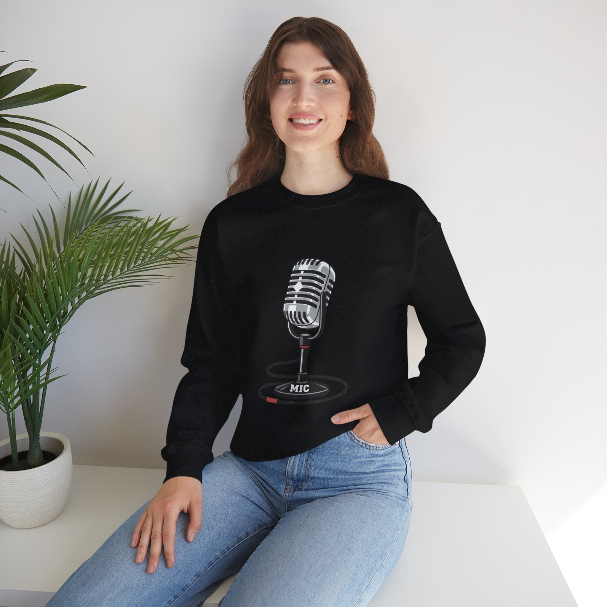 Vintage Microphone Sweatshirt — Retro Radio Mic Crewneck for Musicians & Podcasters