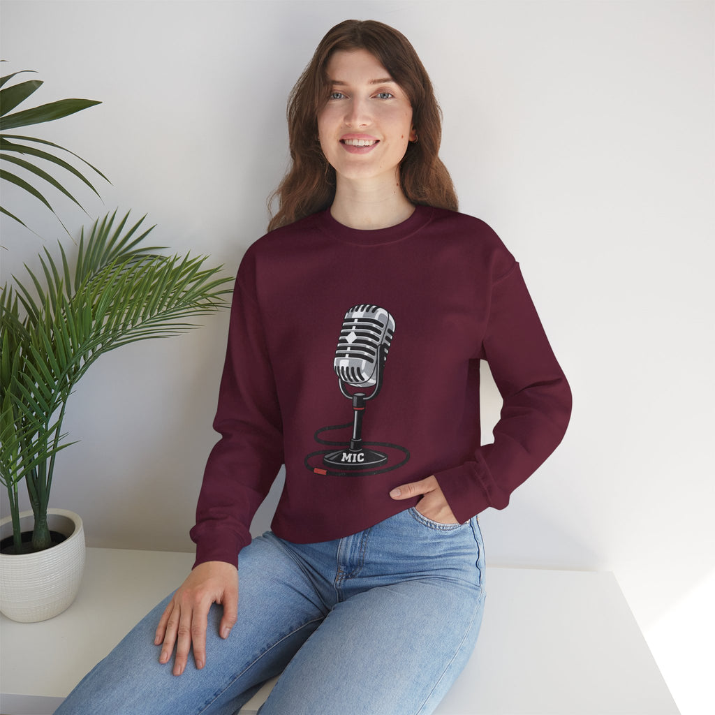 Vintage Microphone Sweatshirt — Retro Radio Mic Crewneck for Musicians & Podcasters