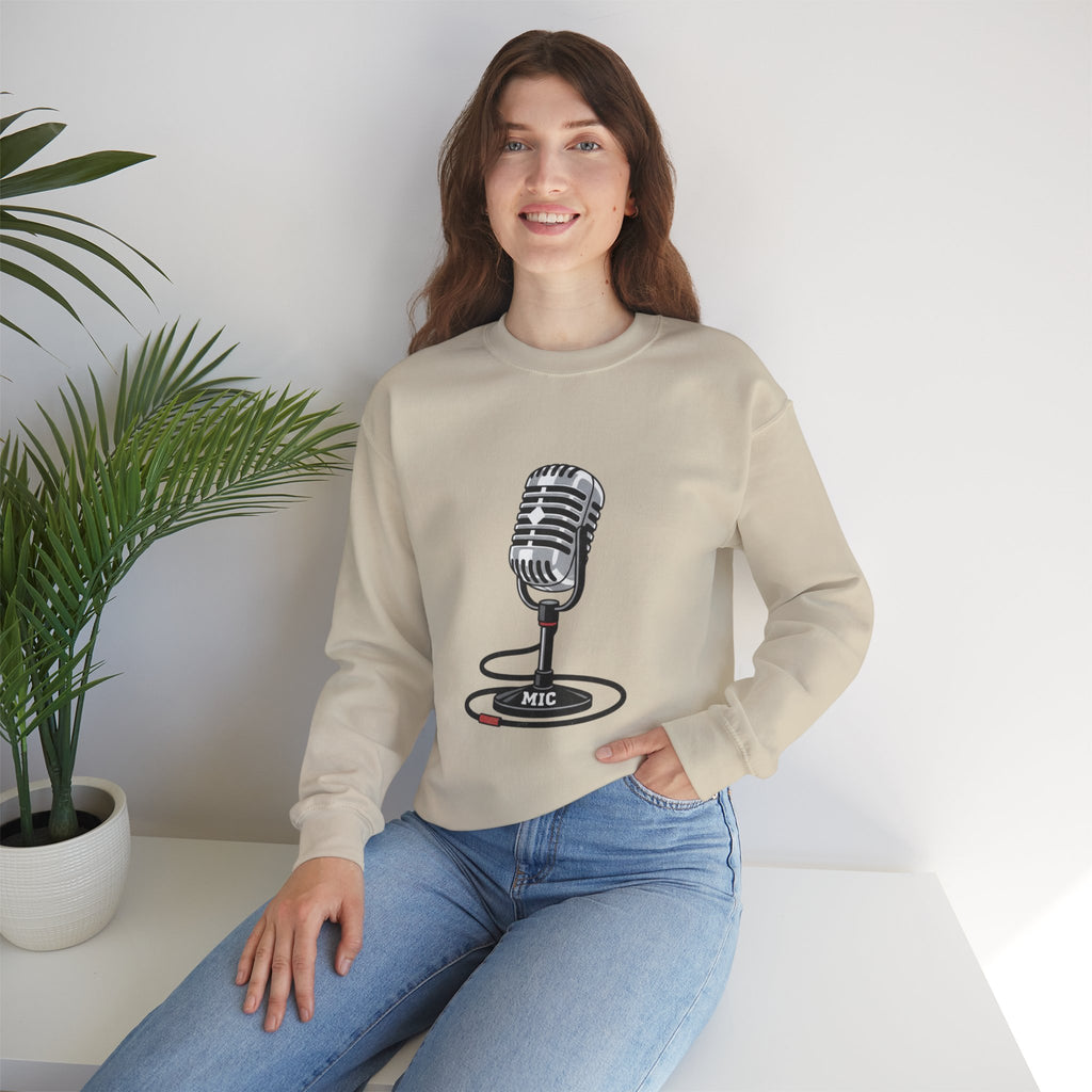 Vintage Microphone Sweatshirt — Retro Radio Mic Crewneck for Musicians & Podcasters