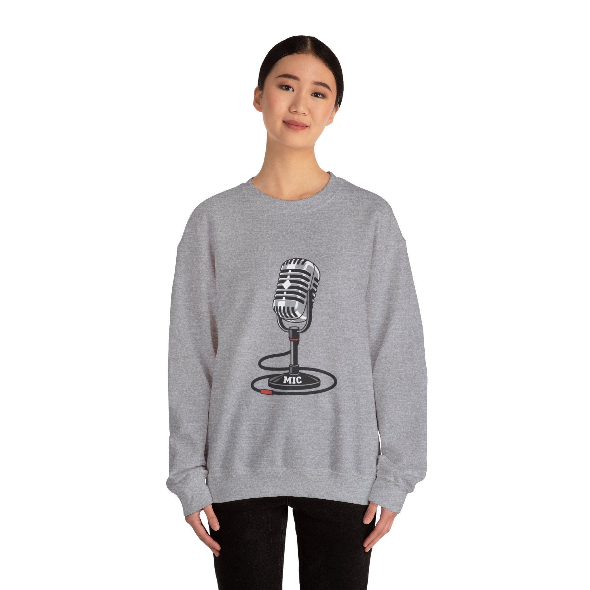 Vintage Microphone Sweatshirt — Retro Radio Mic Crewneck for Musicians & Podcasters