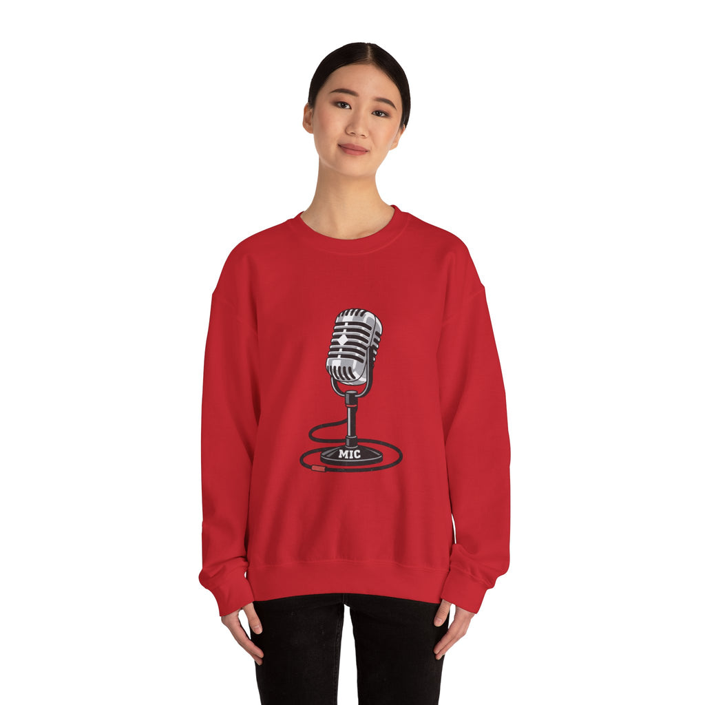 Vintage Microphone Sweatshirt — Retro Radio Mic Crewneck for Musicians & Podcasters