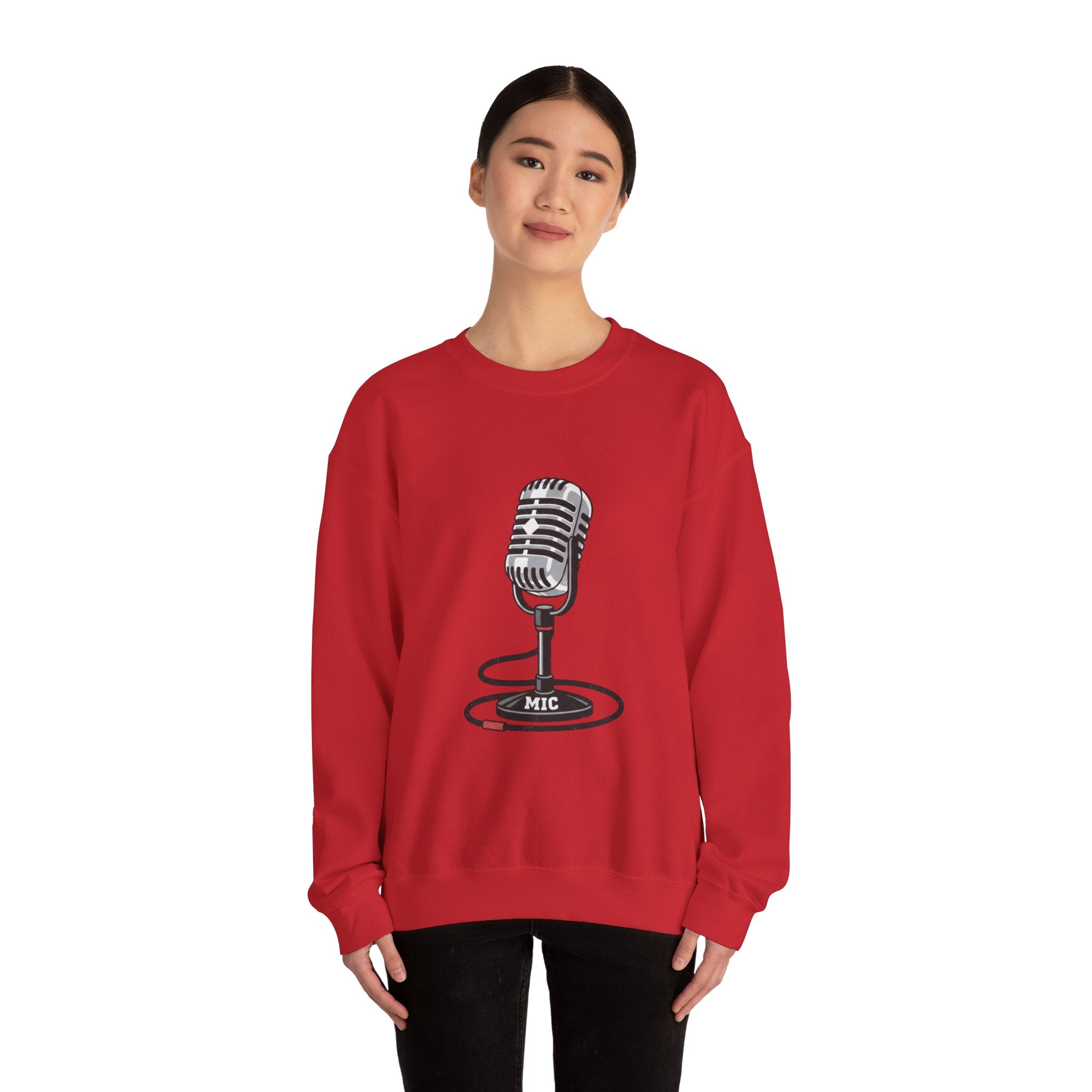 Vintage Microphone Sweatshirt — Retro Radio Mic Crewneck for Musicians & Podcasters