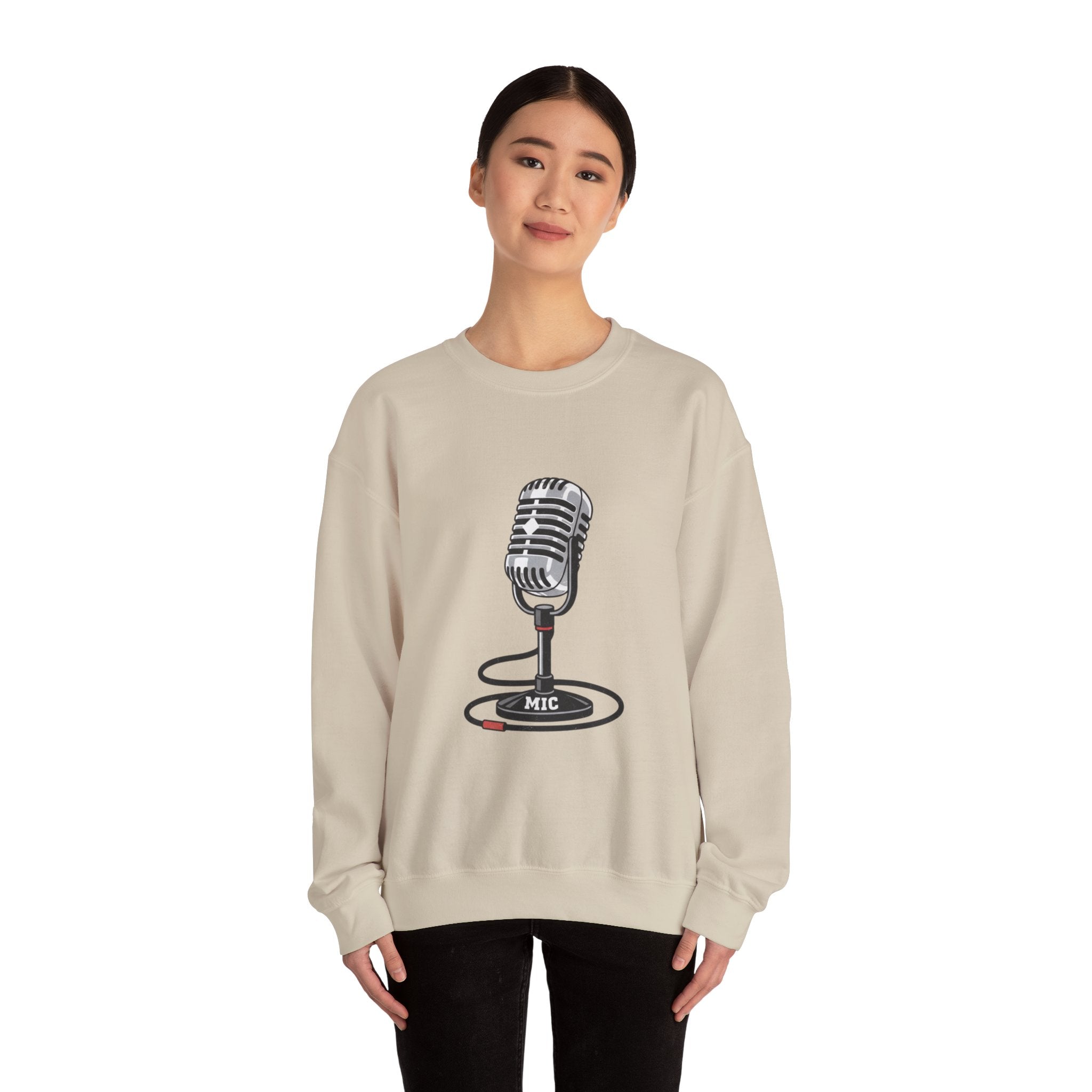 Vintage Microphone Sweatshirt — Retro Radio Mic Crewneck for Musicians & Podcasters