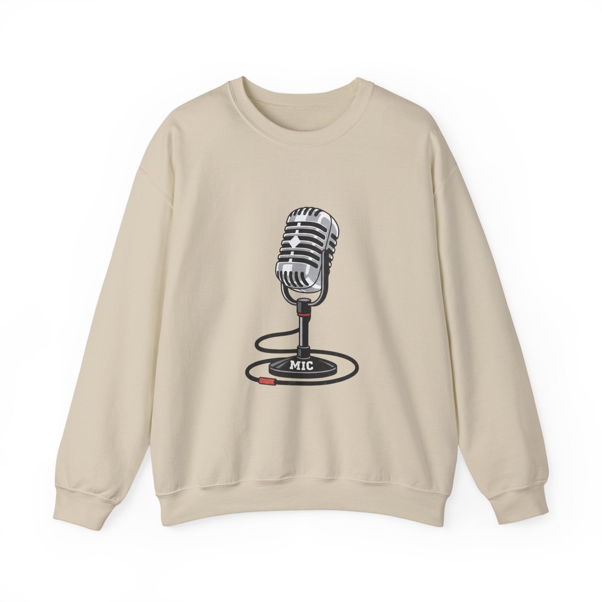 Vintage Microphone Sweatshirt — Retro Radio Mic Crewneck for Musicians & Podcasters