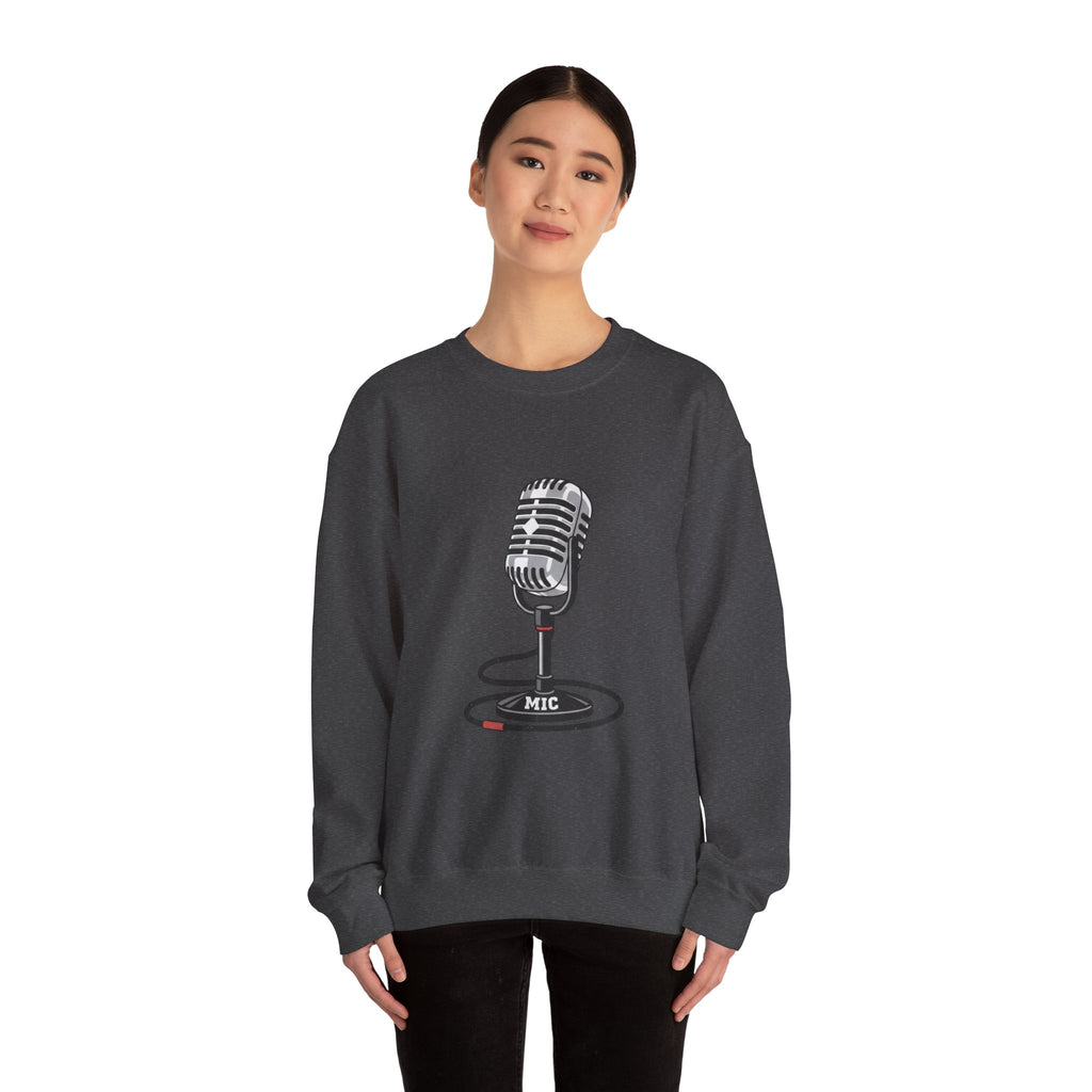 Vintage Microphone Sweatshirt — Retro Radio Mic Crewneck for Musicians & Podcasters