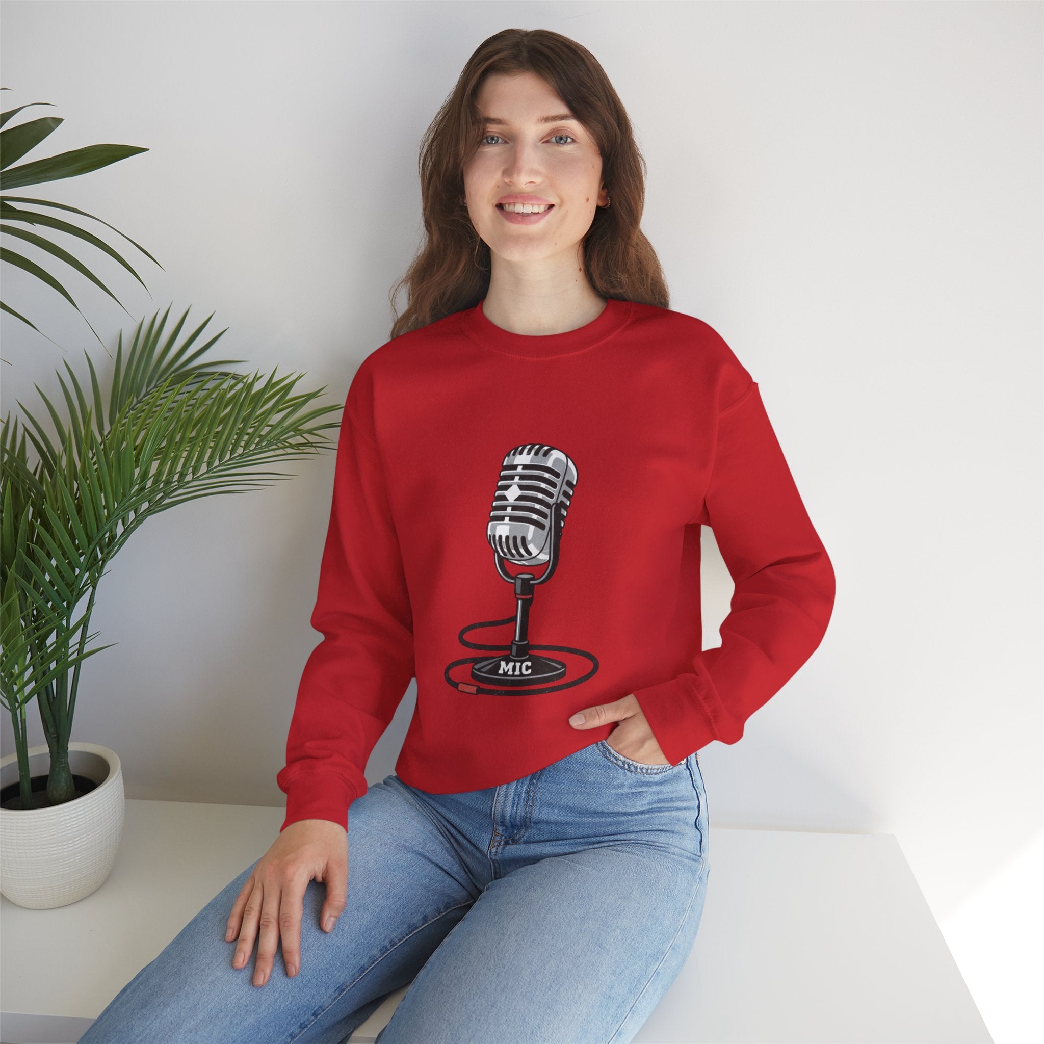 Vintage Microphone Sweatshirt — Retro Radio Mic Crewneck for Musicians & Podcasters