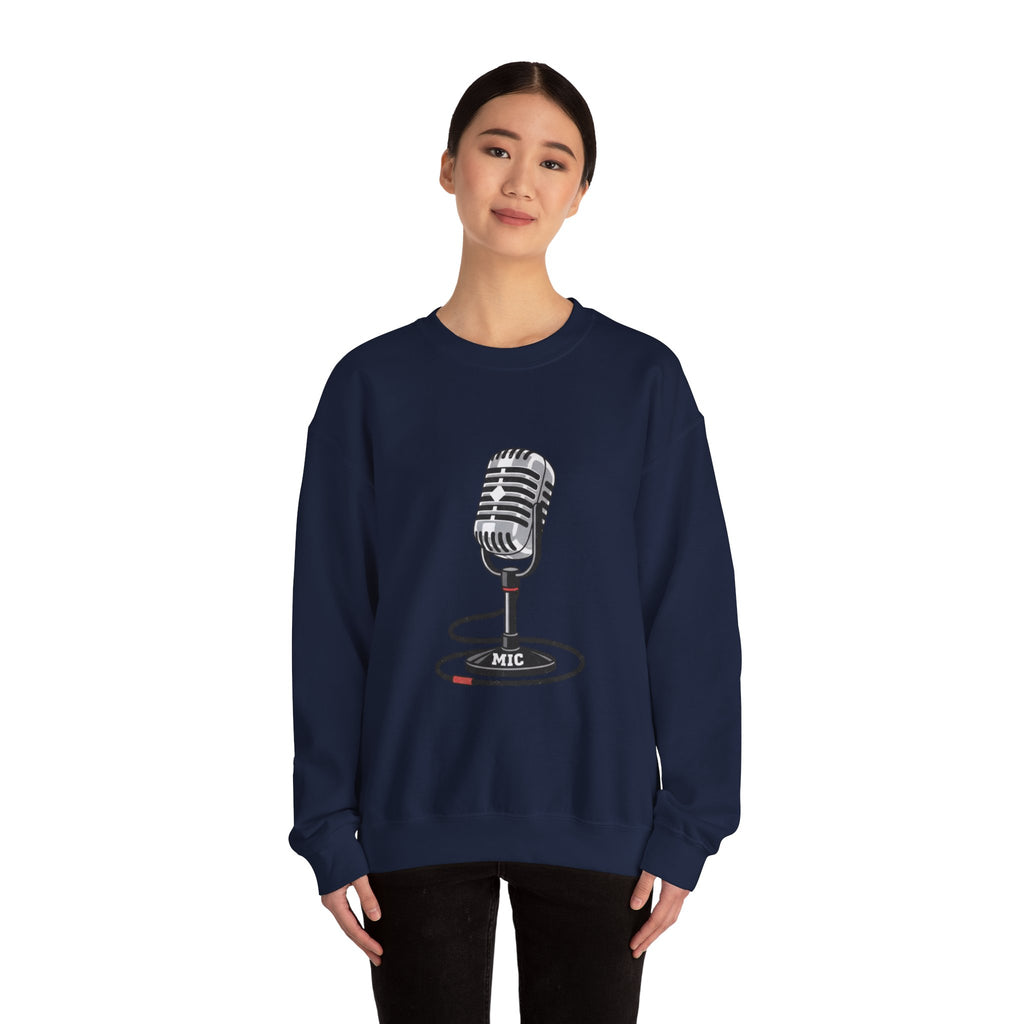 Vintage Microphone Sweatshirt — Retro Radio Mic Crewneck for Musicians & Podcasters
