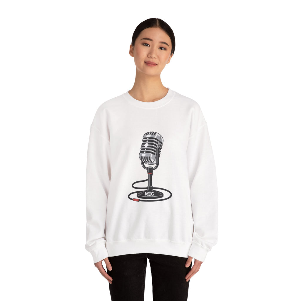 Vintage Microphone Sweatshirt — Retro Radio Mic Crewneck for Musicians & Podcasters