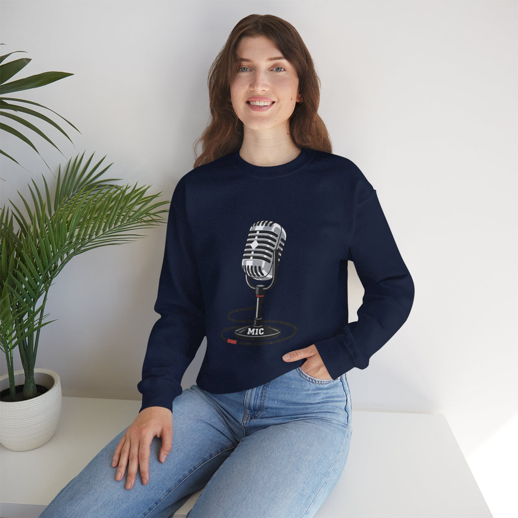 Vintage Microphone Sweatshirt — Retro Radio Mic Crewneck for Musicians & Podcasters