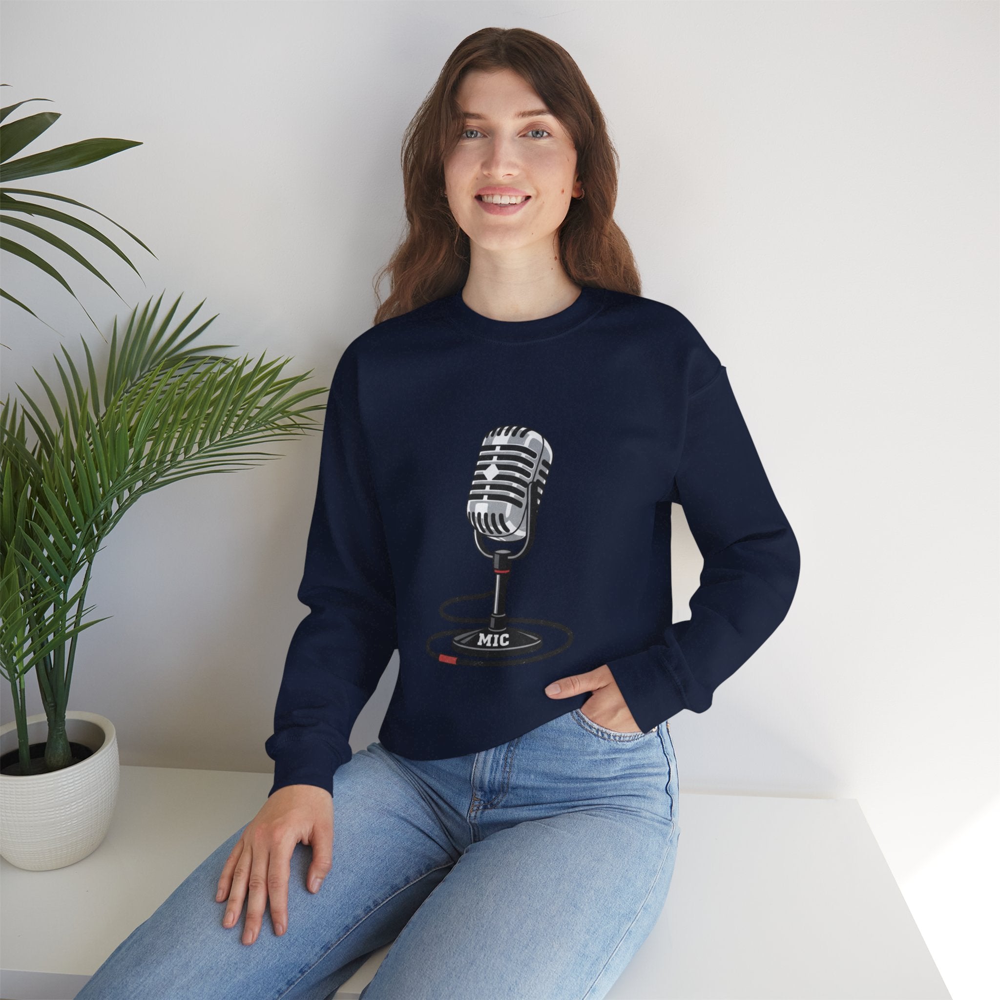 Vintage Microphone Sweatshirt — Retro Radio Mic Crewneck for Musicians & Podcasters