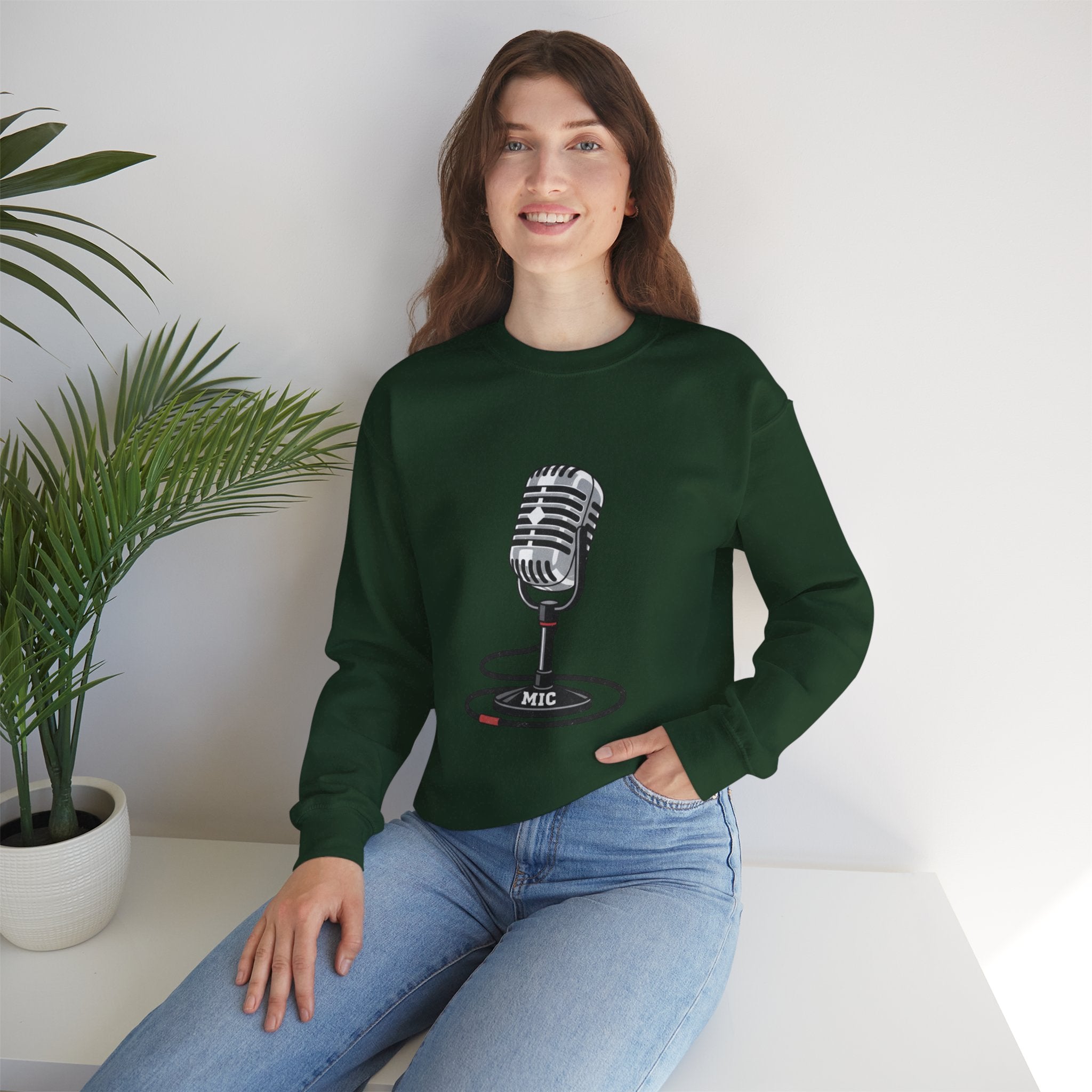 Vintage Microphone Sweatshirt — Retro Radio Mic Crewneck for Musicians & Podcasters