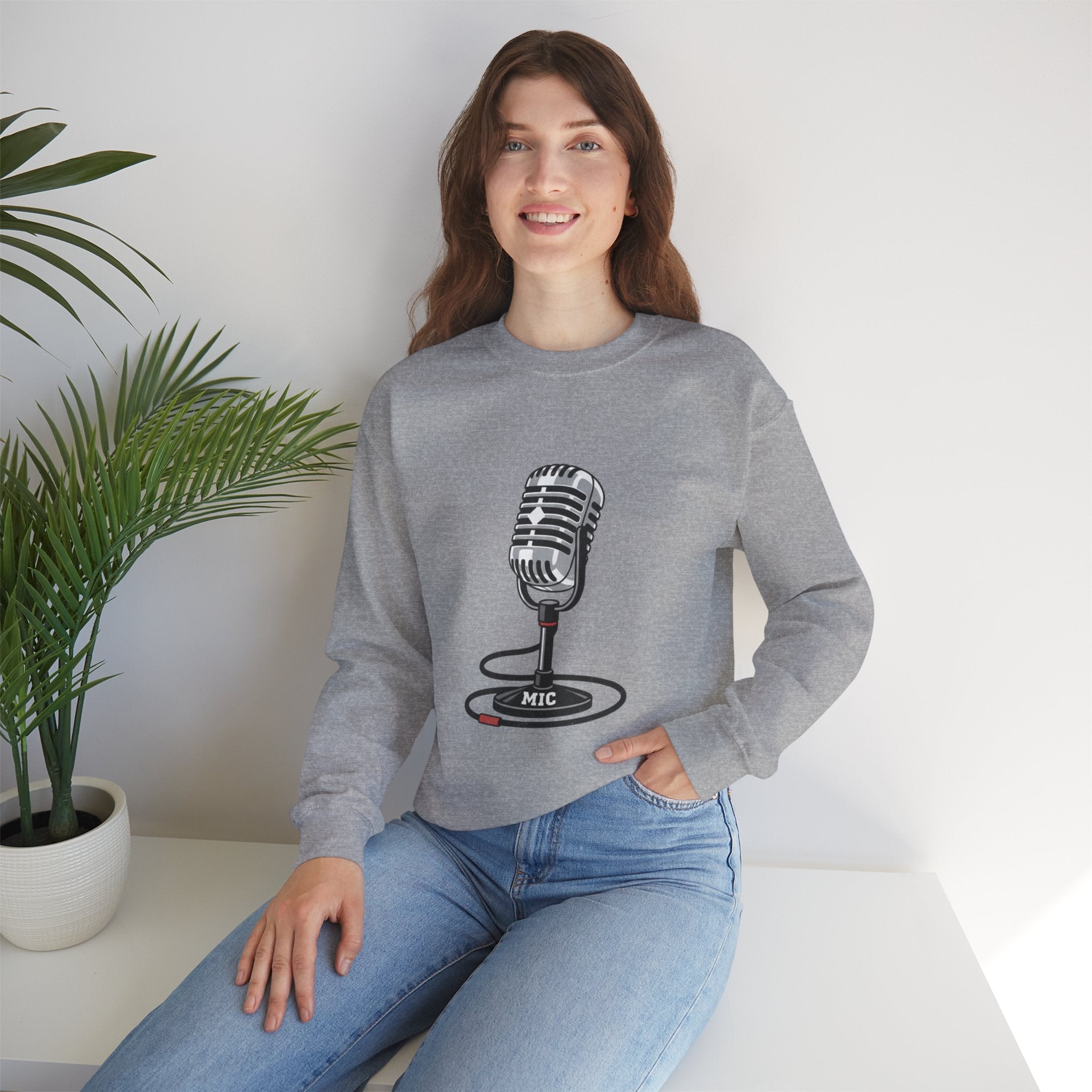 Vintage Microphone Sweatshirt — Retro Radio Mic Crewneck for Musicians & Podcasters