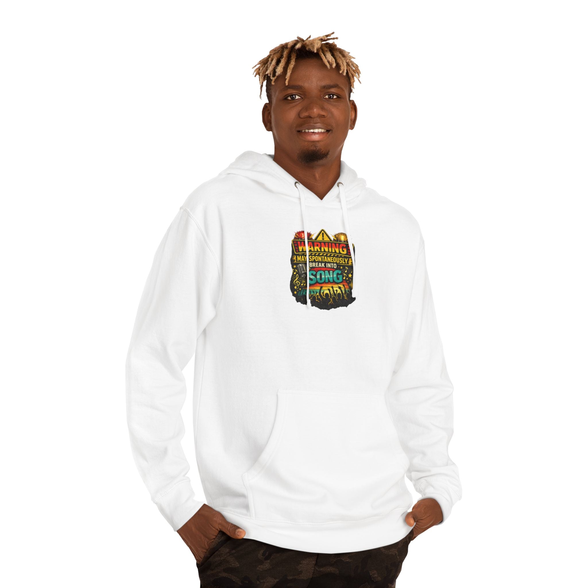 Hoodie — Retro 'Warning: May Break Into Song' Musical Graphic Pullover