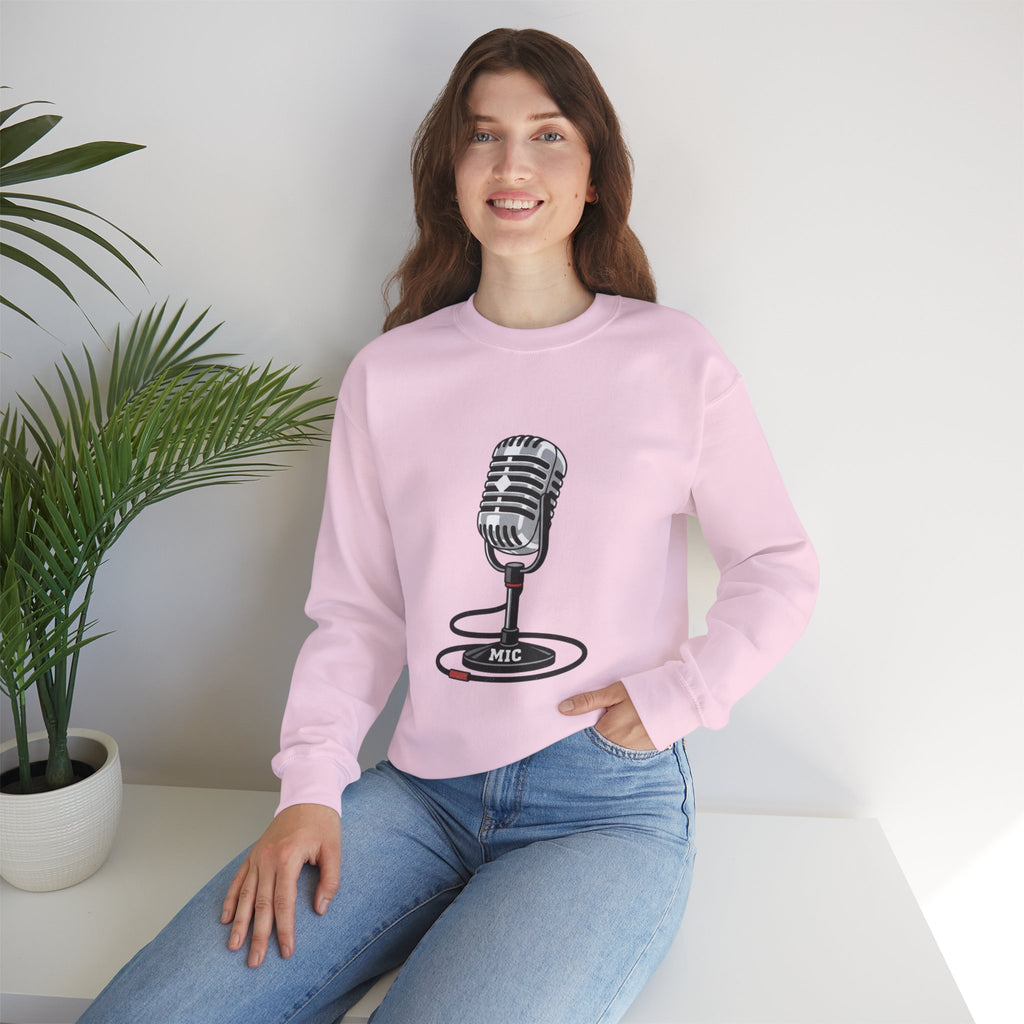 Vintage Microphone Sweatshirt — Retro Radio Mic Crewneck for Musicians & Podcasters