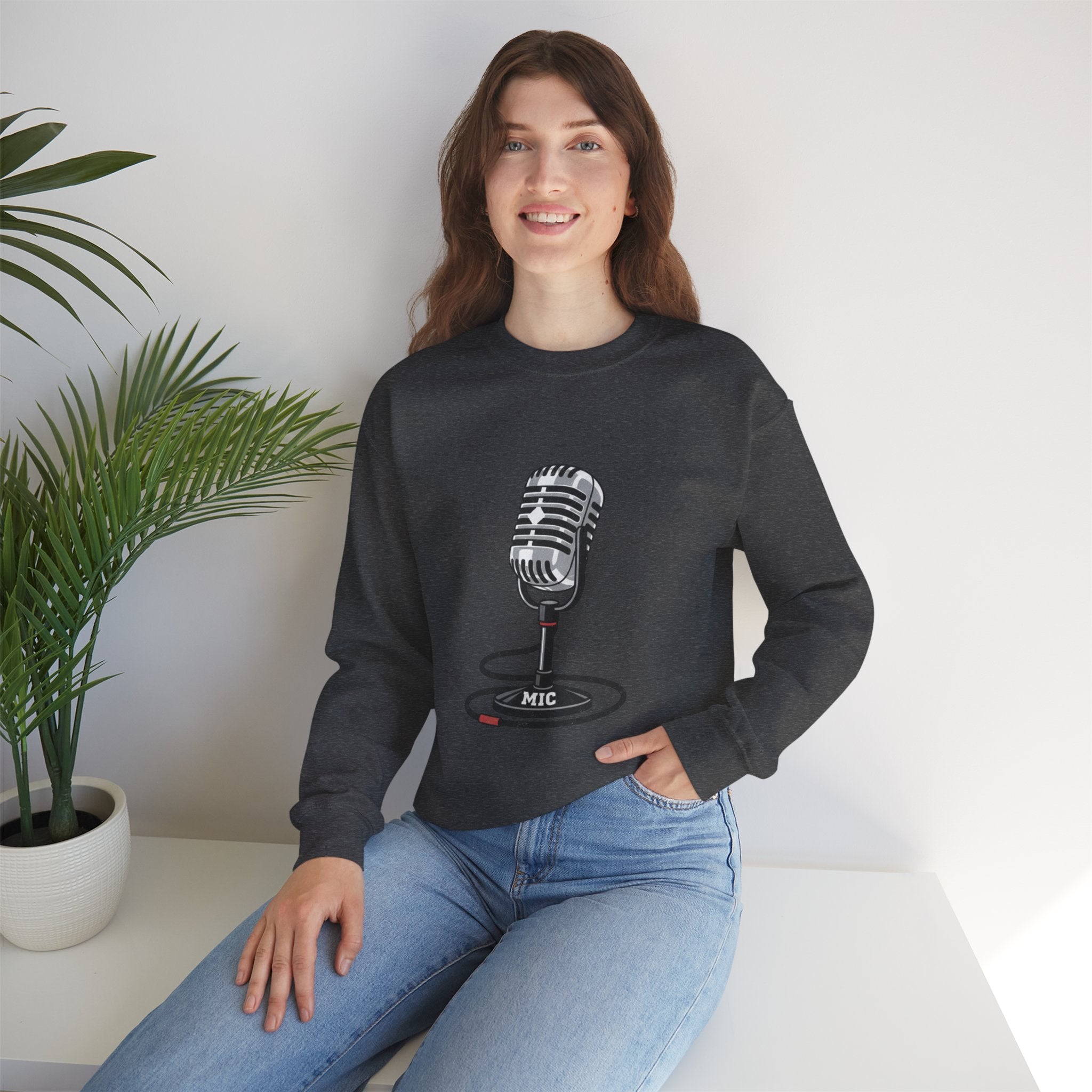 Vintage Microphone Sweatshirt — Retro Radio Mic Crewneck for Musicians & Podcasters