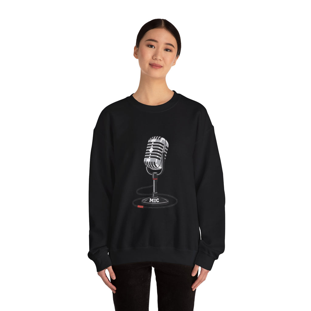 Vintage Microphone Sweatshirt — Retro Radio Mic Crewneck for Musicians & Podcasters