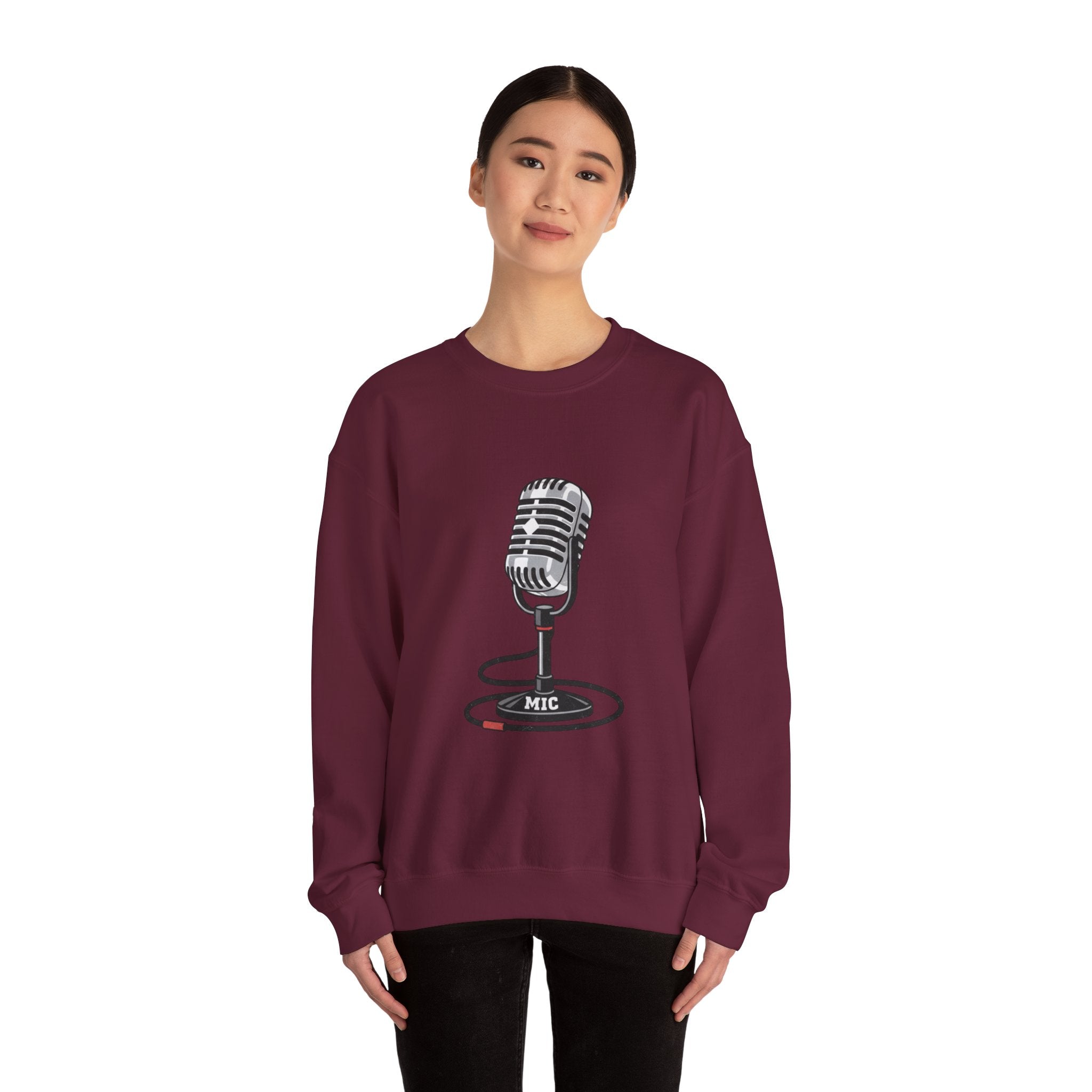 Vintage Microphone Sweatshirt — Retro Radio Mic Crewneck for Musicians & Podcasters